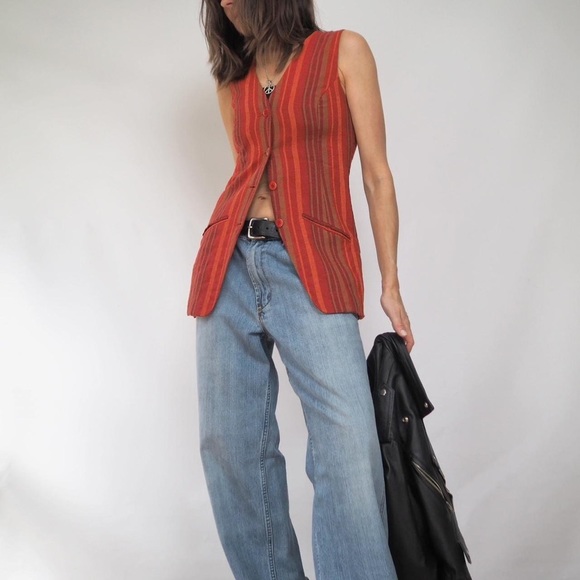 VINTAGE 90’s RED-ORANGE STRIPE LINEN-BLEND LONGLINE WAISTCOAT VEST - Picture 2 of 7